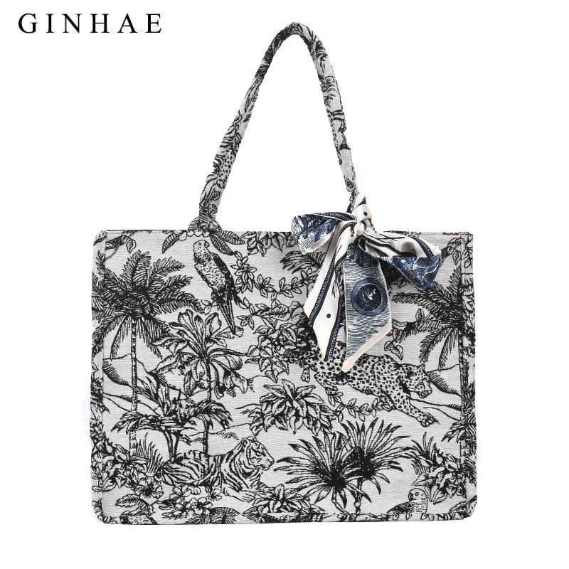 

2021 Fashion Handbag Female Woven Canvas Embroidery Large Capacity Tote Bag Portable Shopping Bag Landscape Shape Shoulder Bag