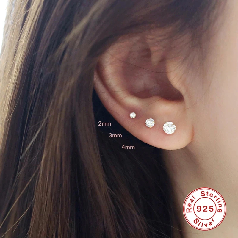 

CANNER 3pcs/set Piercing Earrings For Women 925 Sterling Silver Ear Stud 2mm 3mm 4mm 3 In 1 Crystal Zircon 2021 Trend Pendientes
