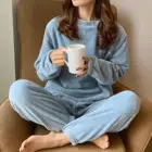 Пижама женская плотная фланелевая теплая Женская осенне-зимняя теплая плюшевая однотонная блузка с длинным рукавом Брюки пижамный комплект