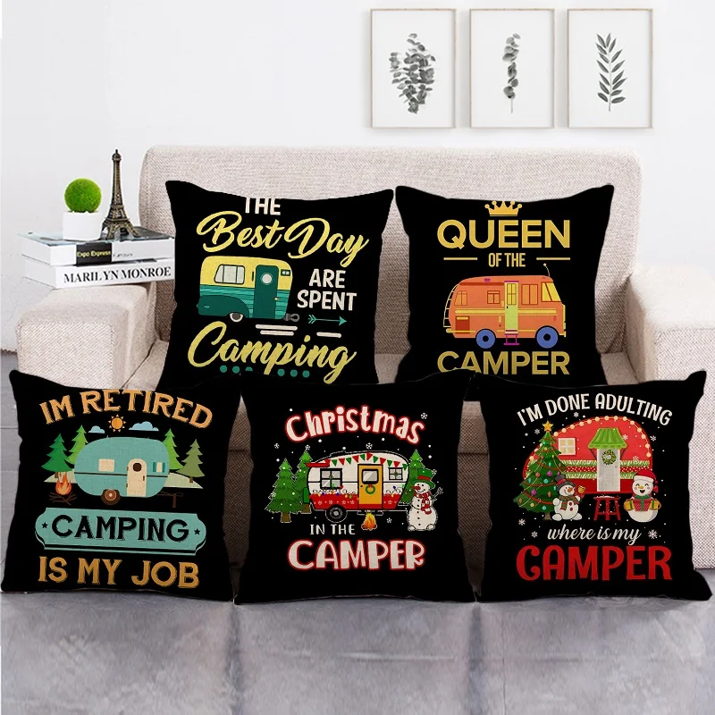 Happy Campers Cushion Cover Cartoon RV Campervan Style Living Room Sofa Throw Pillows Home Decoration Pillowcase | Дом и сад