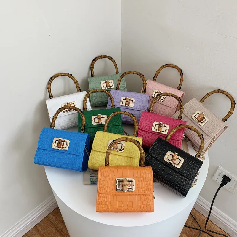 

Mini Bamboo Handle Chain Bags Summer Small Women Girl Lipstick Makeup Bags Crossbody Clutch Bgas Female Solid Color