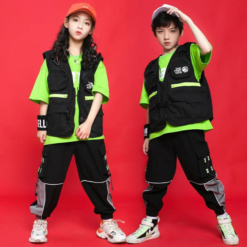 

Детская одежда в стиле хип-хоп, куртка без рукавов, футболка оверсайз, топ, тактические брюки-карго для девочек и мальчиков, костюм для джазо...