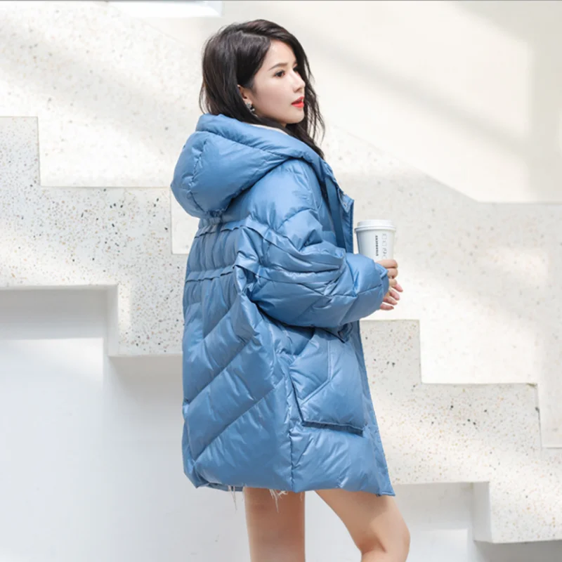 Женский пуховик с капюшоном синий черный хлопковый свободный чистый цвет теплое