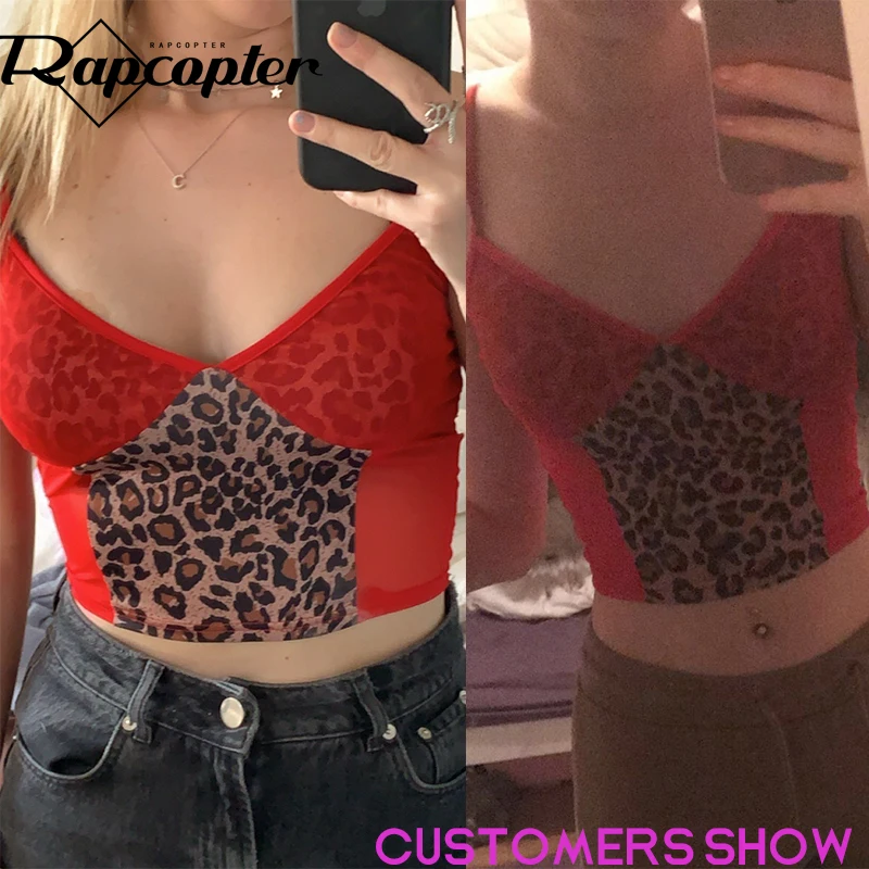 Rapcopter сетки Для женщин топ Прозрачная Футболка с леопардовым принтом в стиле