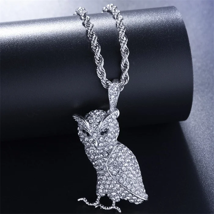 Silver Iced Out Подвески в виде животных Совы Полный Стразы ожерелье с мишурой Золото Серебро Цвет хип хоп рэппер ювелирные изделия для женщин мужские ожерелье s - Окраска металла: Silver