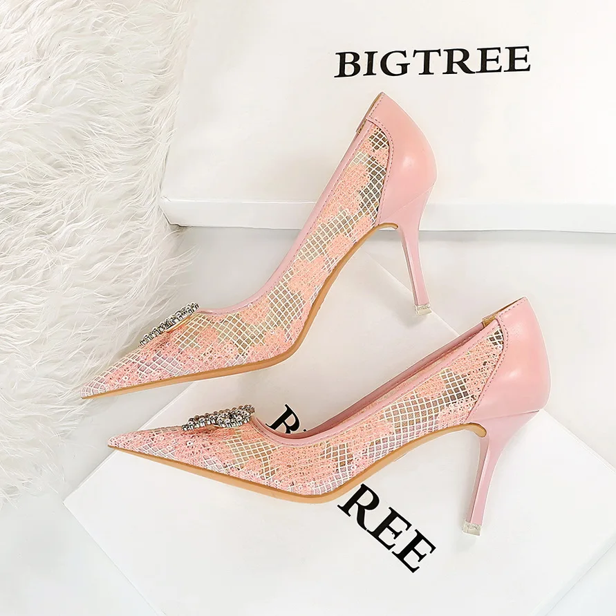 Купи BIGTREE 2022 New Butterfly-knot High Heels Pumps Pointed Toe Slip On Women High-Heeled Sexy Ladies stripper heels shoes за 1,129 рублей в магазине AliExpress