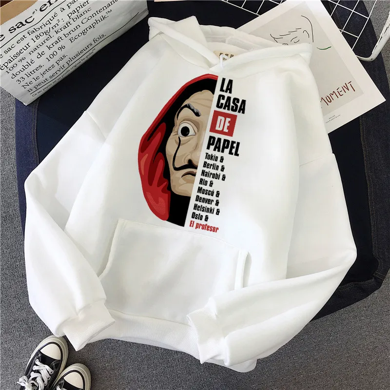 

La Casa De Papel White Hoodies Women MONEY HEIST Swearshirt House Of Paper Fashion Hoodies Print Mens Pullover Hoody Tracksuits