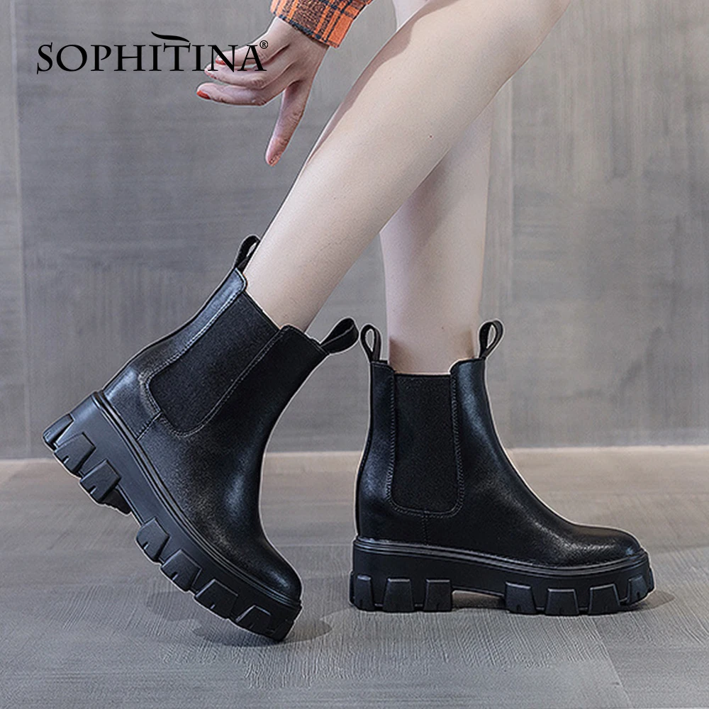 

SOPHITINA Women's Boots Spring/Autumn New Chelsea Slip-On Platform Shoes Round Toe Genuine Leather Mid-calf Woman's Boots NO157