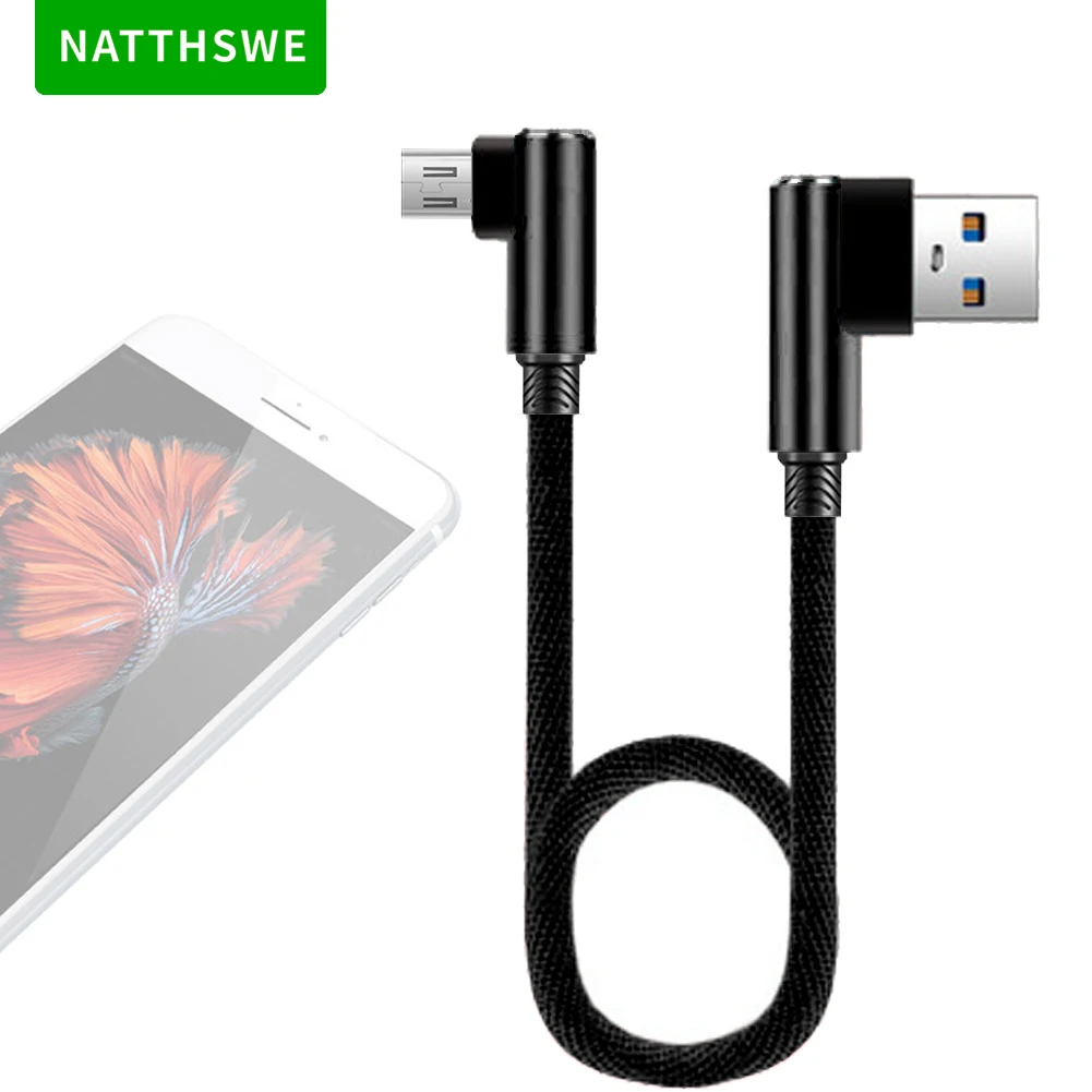 NATTHSWE 90 Degree Double Elbow Micro USB Data Cable Nylon Braided Fast Charging Line for Android Phone Short Paragraph