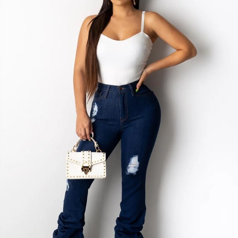 Европейский Популярный оборками соединенный внакрой деним брюки женские