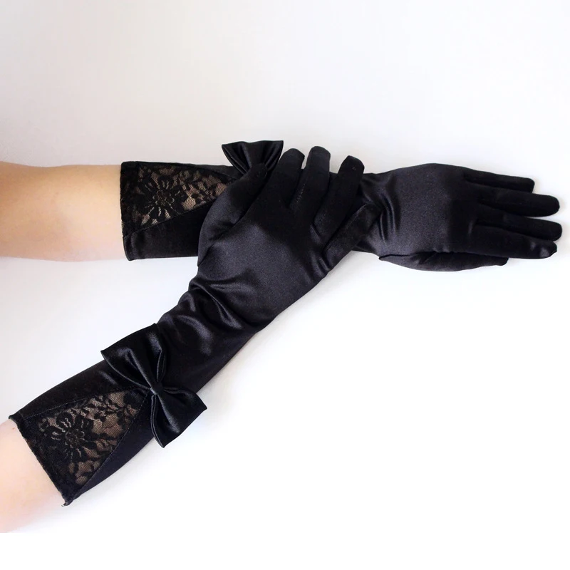 

Stretch Satin Full Finger Long Gloves Classic Adult Black Matching Costume For Women Simple Bow Lace Short And Long Gloves