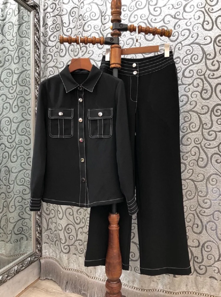 

Top Quality Women's Set 2020 Autumn Pant Suit Ladies Color Block Stitching Long Sleeve Shirts+Full Length Wide Leg Pant Set 2pc