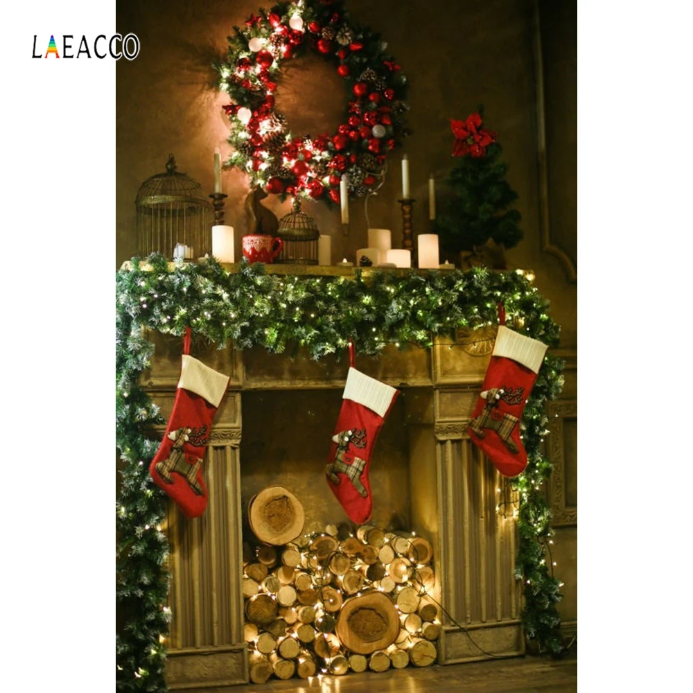 Laeacco Christmas Backdrop Fireplace Sock Wreath Vintage Baby Portrait Photography Background For Photo Studio Vinyl Photophone