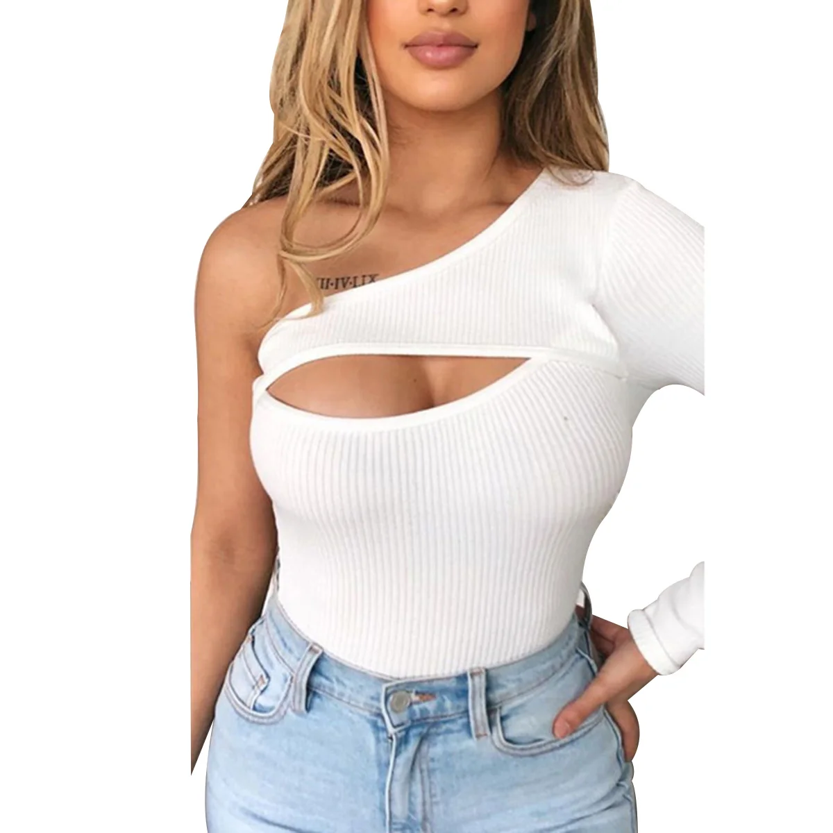 

Ladies Slim Top Women Temperament Solid Color Sloping Shoulder Long Sleeve Sexy Irregular Hollow Out T-shirt Autumn
