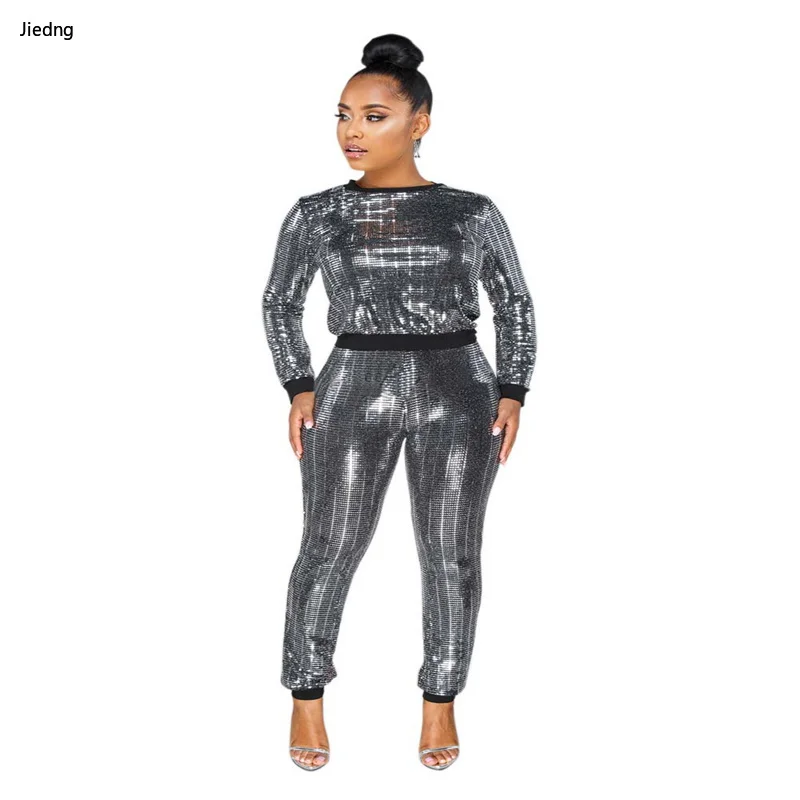 

Sexy 2 Two Piece Set Women Tracksuit Spring Autumn Clothing Sequin Full Sleeve O Neck Top Long Pants Suit Female Striped Outfits