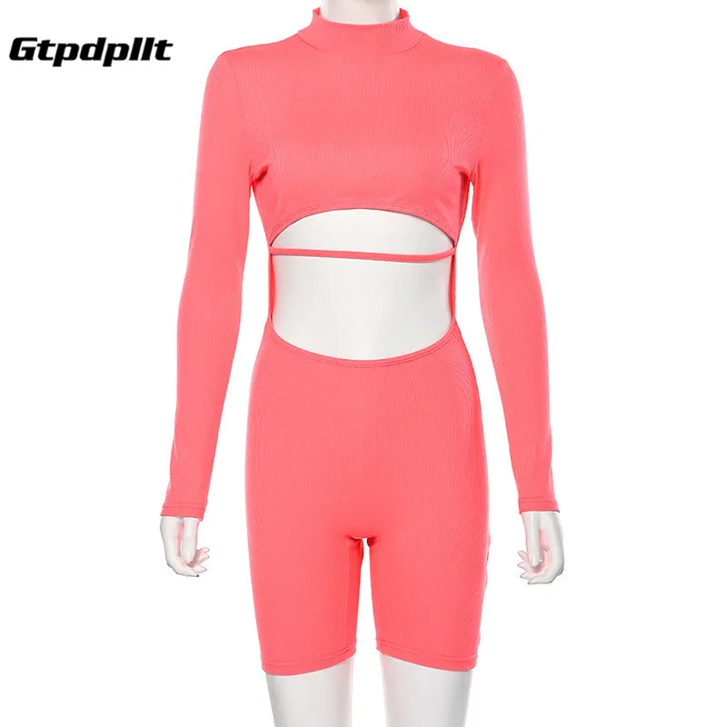 Rose red Gtpdpllt Фитнес Спортивная одежда для активного отдыха комбинезоны для женщин комбинезон с длинным рукавом с вырезом спинки модные байкерские комбинезоны розовый Осень новинка - Цвет: Rose red