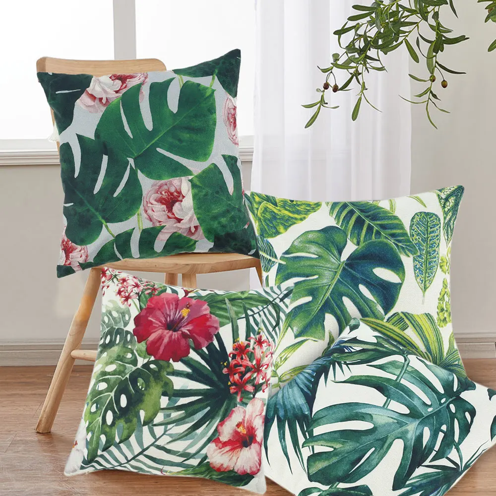 

Outdoor Throw Pillow Covers 4Pcs Waterproof Tropical Plants Cushion Cover 18x18In Decorative Summer Green Leaves Cushion Case