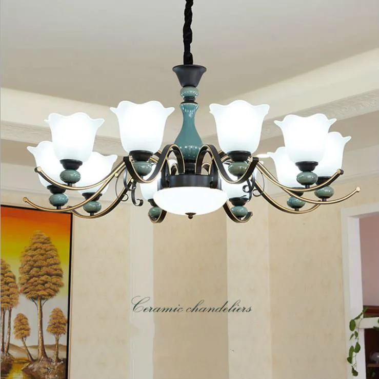 New American Ceramic Living Room Chandelier Bedroom Dining Room Ceiling Lamp Simple Atmosphere LED Lamp Dual Purpose