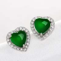 vintage dainty heart stud earrings with green natural stone s925 silvery jewelry for women wedding party charm new year gifts