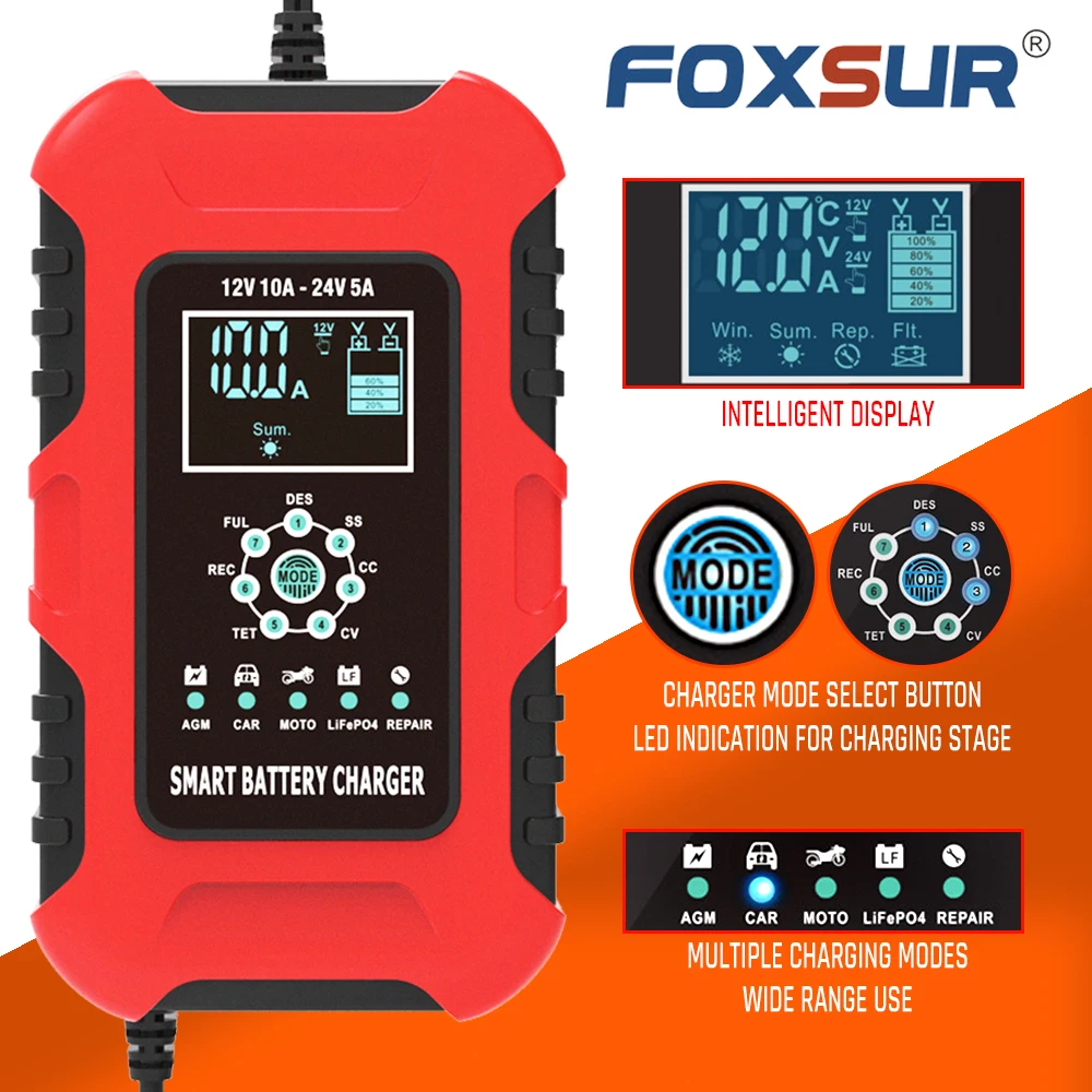 FOXSUR Battery Charger For Car,12/24V 10A 7-Stages AGM LiFePo4 Lead Acid Gel Wet Automatic Pulse Repair Fast Motorcycle Charging