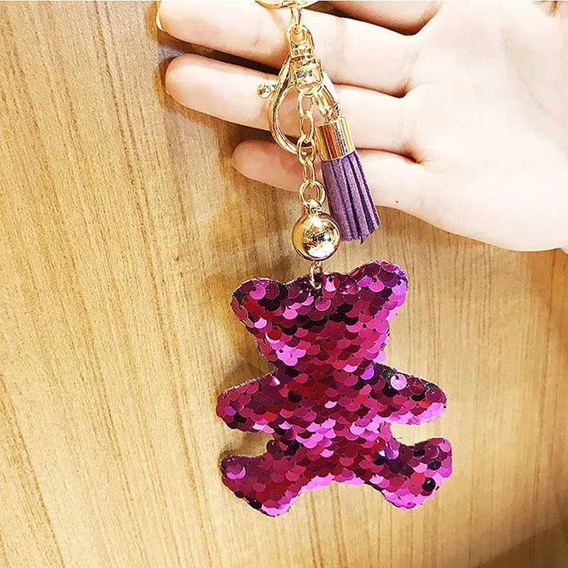 

New Fashion Sequins Trinket Bear Keychain Cute Style Bear Faux Tassel Decor Bag Pendant Car Key Hanging Chain Gift Drop Shipping