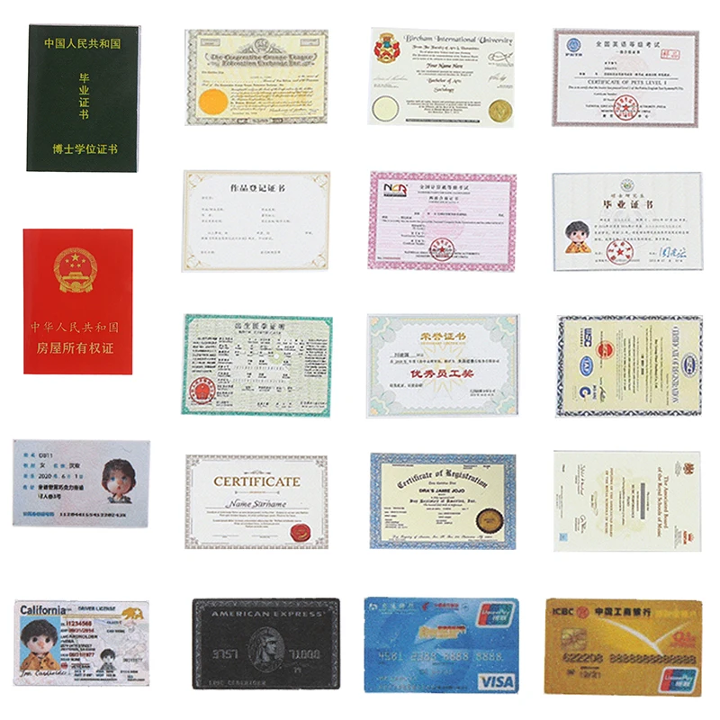 

1/12 Dollhouse Mini Marriage Certificate ID Card Bank Card Real Estate Certificate Household Register Certificate Awards Diy Toy