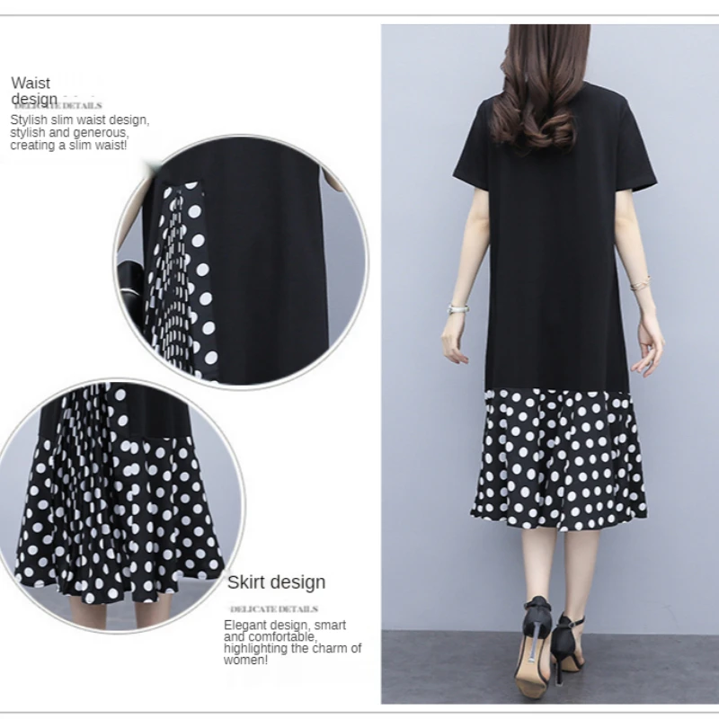 

2021 Fashion Korean Black Color Stitching Plus Size 3XL 4XL 5XL Short Sleeve Summer Casual Office Lady Work Midi Dress for Women