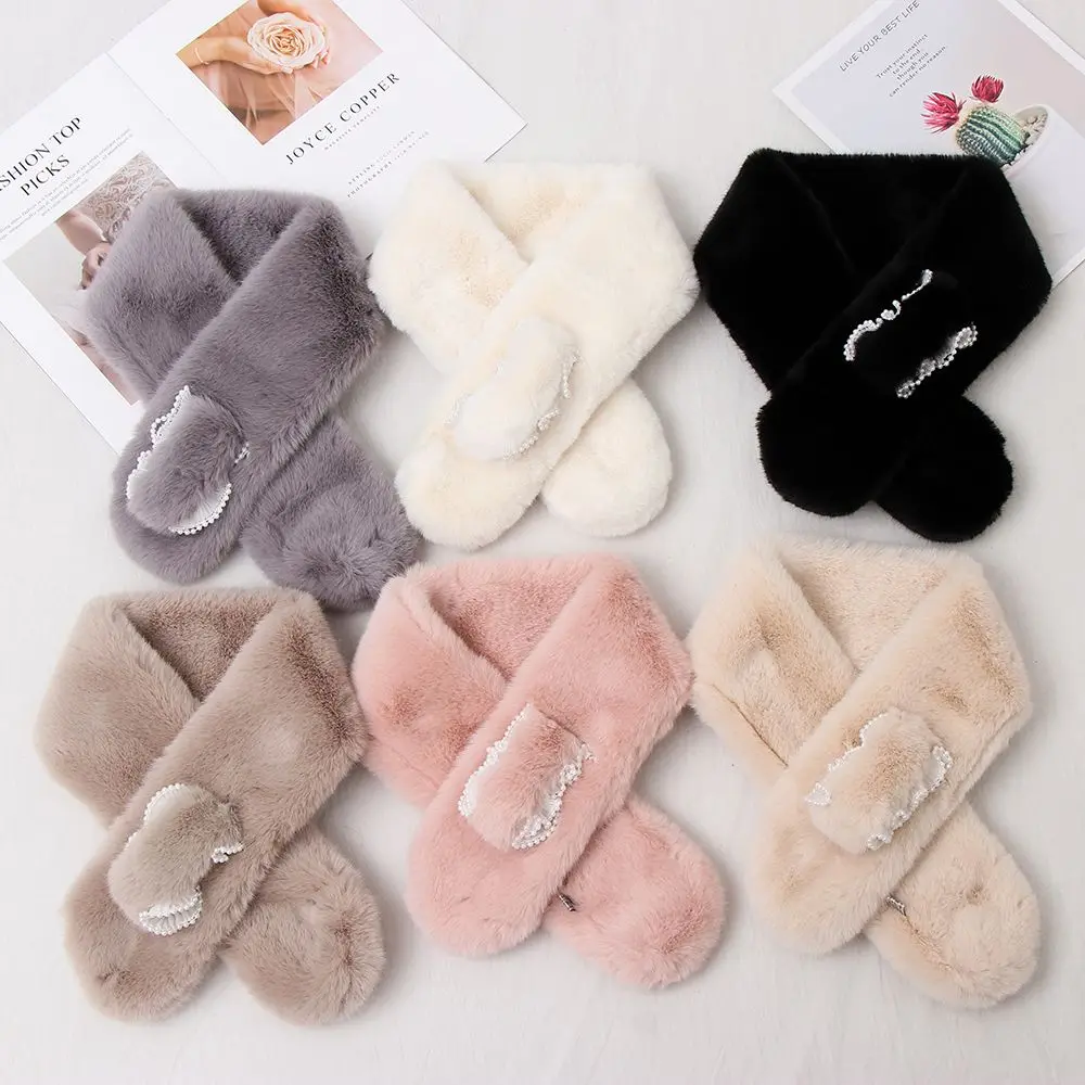 

Women Neck Warmer Warm Collar Scarf Plush Pearl Scarf Winter Scarf Faux Rabbit Fur Scarf Cross Scarf