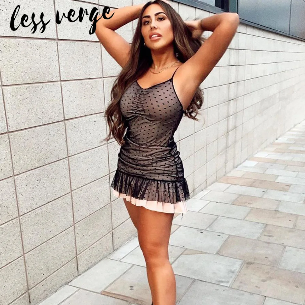 Женское Короткое платье в горошек lessverge черное Сетчатое с рюшами и открытой
