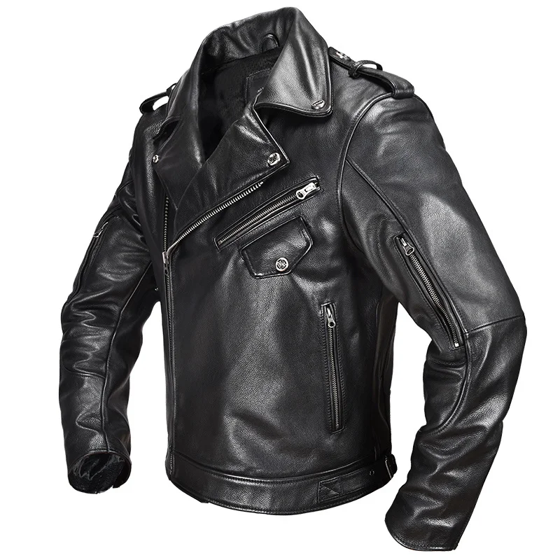 

2023 Men Black Slim Fit Biker's Leather Jacket Large Size XXXXL Genuine Cowhide Spring American Style Motorcycle Coat