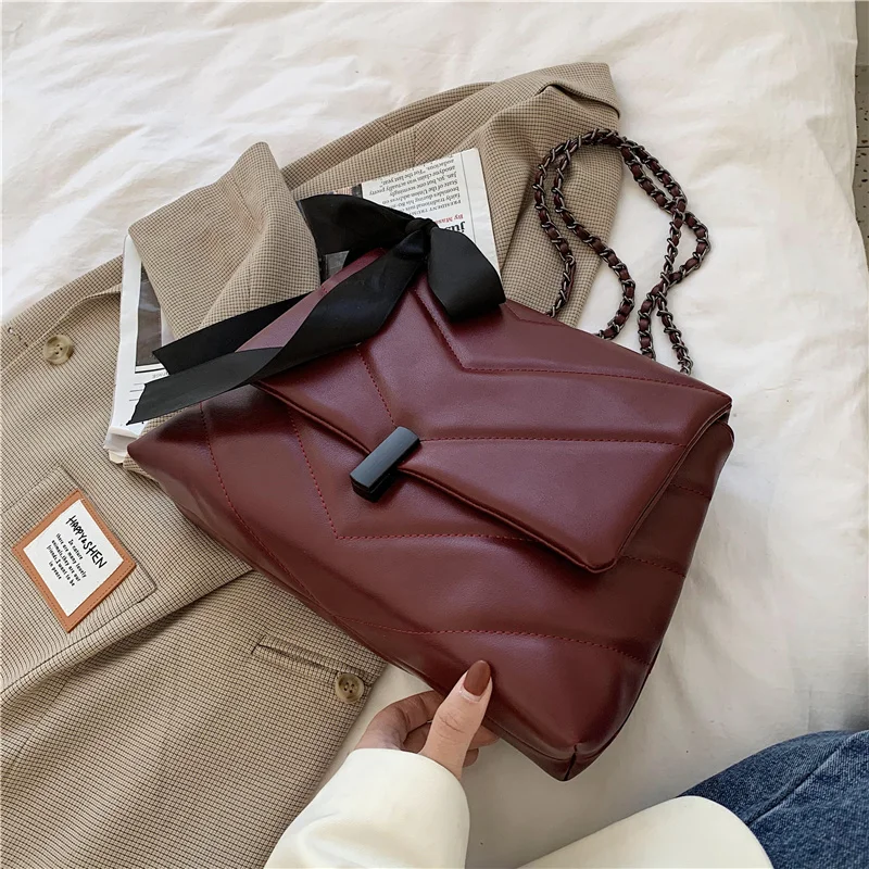 

Vintage Large Tote bag 2021 Fashion New High quality PU Leather Women's Designer Handbag Ribbon Chain Shoulder Messenger Bag