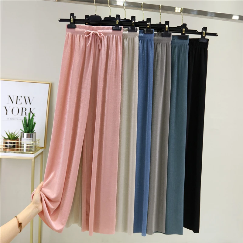 

Women Ice-silk Wide-leg Sleep Pants Women High Waist Trousers Loose Casual Sleep Bottoms Sleepwear Pants Pijamas Pyjama