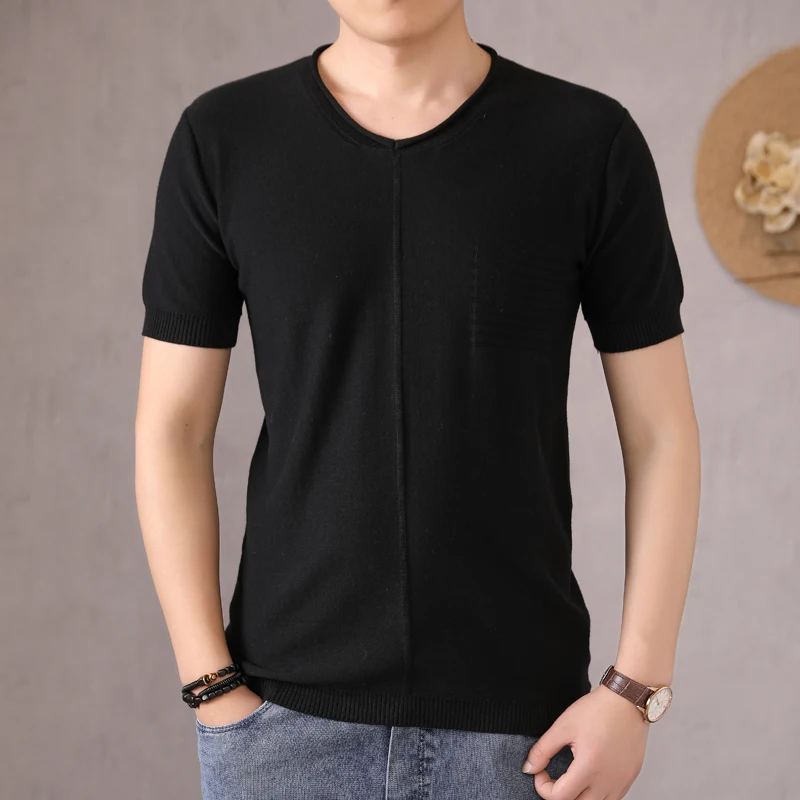 

T-shirt men 2021 pure cotton casual men's top V-neck pullover solid color knitted sweater short-sleeved plus size top tees
