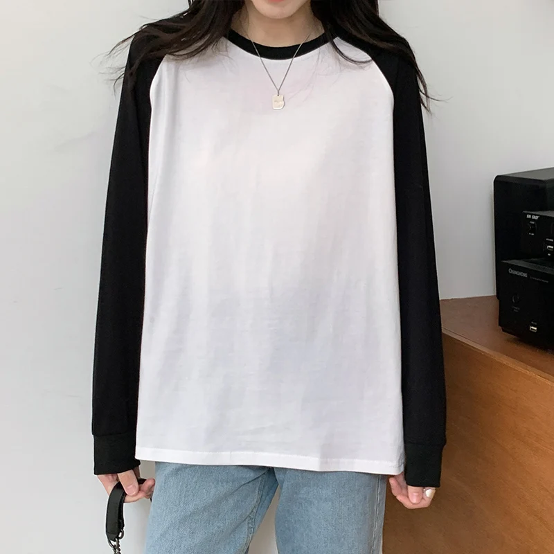 Женская хлопковая футболка с длинным рукавом круглым вырезом - купить по