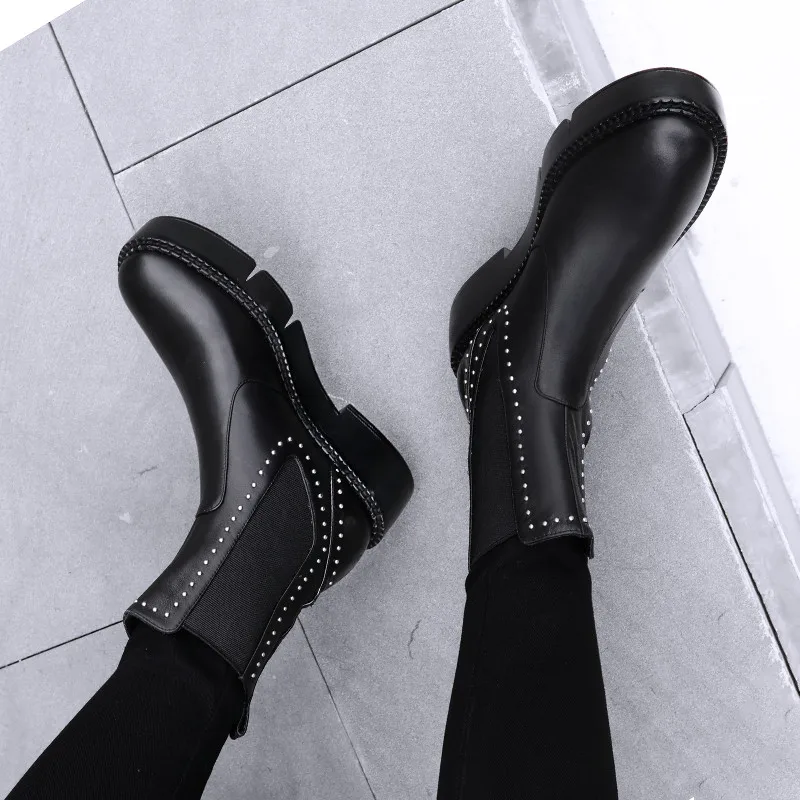 

Mobetty New Fashion Leather Flok Women Ankle Boots Breathable Thick Heel Slip-on Elastis Band Short Botas Feminina Botas Feminin