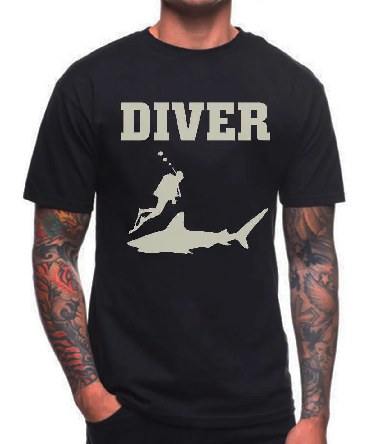 

Hot Sale 100% Cotton Diver T Shirt Shark Fish Scuba Diver Sea Birthday Present Snorkle Flippers Tee Shirt fashion funny new