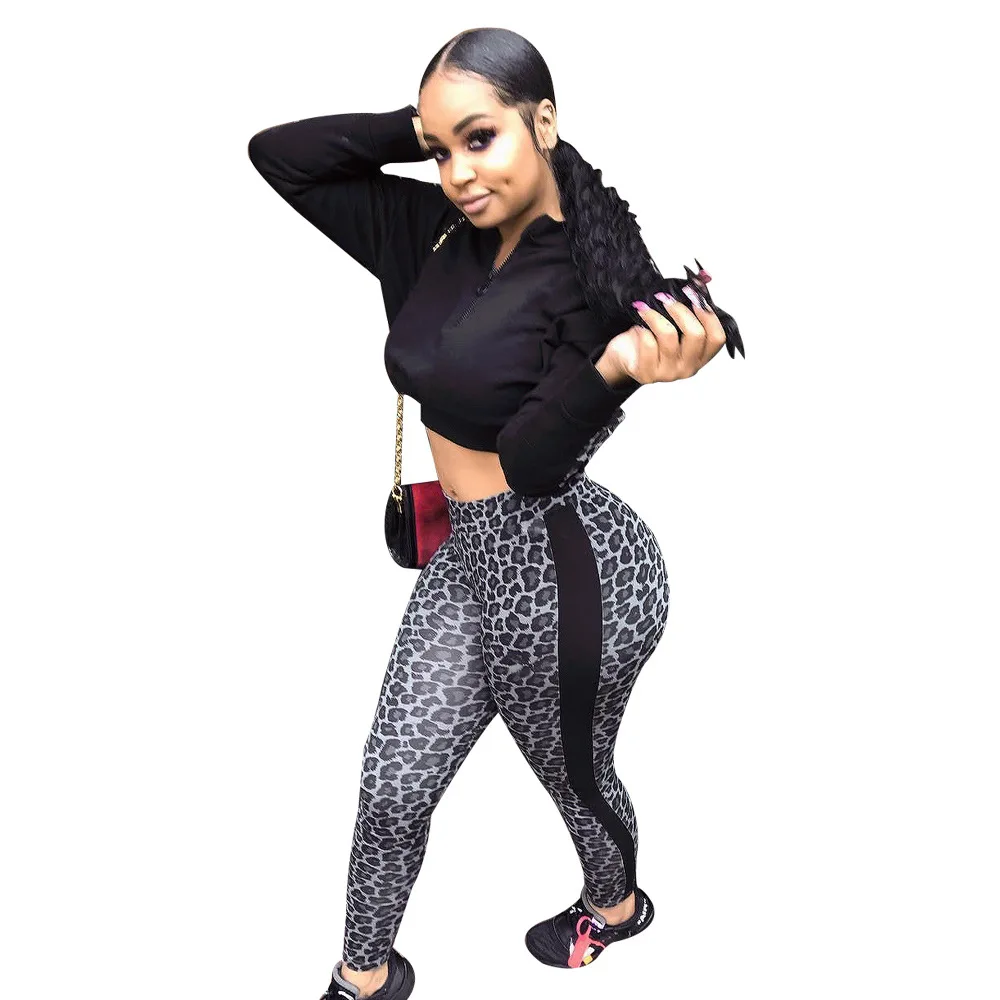 Женский леопардовый комплект из двух предметов элегантный спортивный костюм с