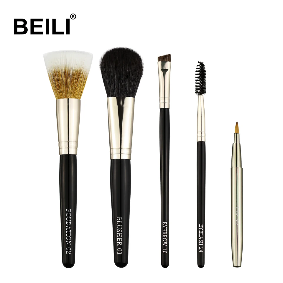 J-5PCS BEILI 21 шт. Черный Профессиональный набор кистей для макияжа Натуральный козий пони ласка для волос Тени для век Смешивание основной пудры макияж кисти - Handle Color: J-5PCS