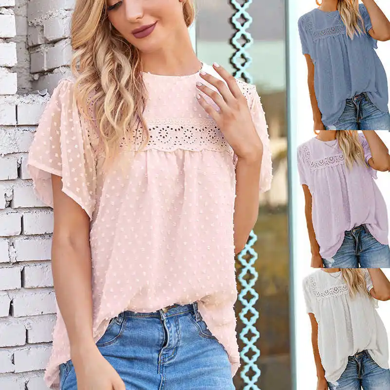 

Женская двухслойная шифоновая футболка с коротким рукавом, кружевная ажурная футболка с жаккардовым помпоном, лето 2021