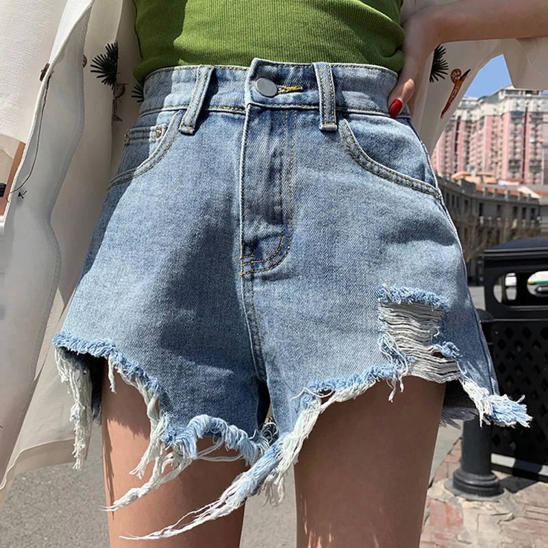 

Summer Ladies Casual Shorts Femme Korean Loose High Waist Slim Irregular Tassel Stylish Hole Denim Shorts Chic Street