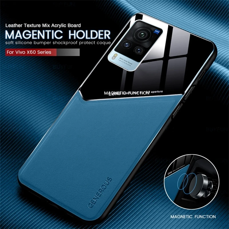 

car magentic holder leather texture phone covers for vivo x60 x 60 pro x60pro case soft silicone bumepr shockproof protect coque