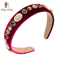 king shiny vintage baroque multi color crystal headband elegant imitation pearl beaded velvet hairband girl party hair accessory