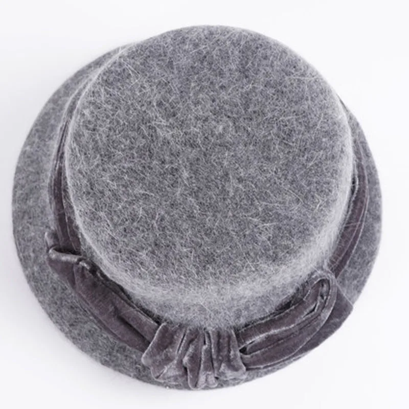 Для женщин шерсти кроличий мех трикотажная шапка Федора модные Винтаж шляпа с