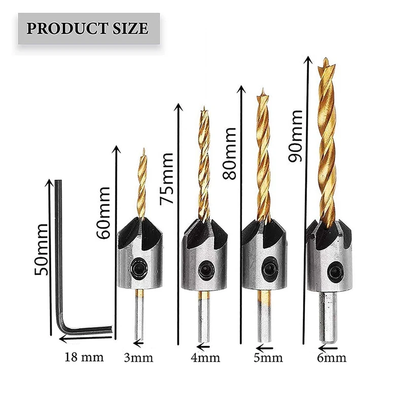 

4 PCS Titanium Coated Countersink Drill Bit Set Woodworking Carpentry Reamer Tool Set with Hex Key Wrench
