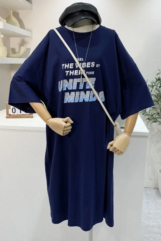 

Loose Cotton T-shirt Dress Women 2021 Summer New Korean Printed Letter Pullover Short Sleeve Femme Long Tshirt Casual Midi Dress