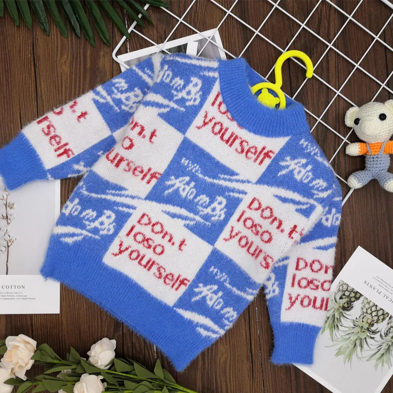 Теплый вязаный пуловер с молочным мехом для мальчиков свитер надписью | Мать и