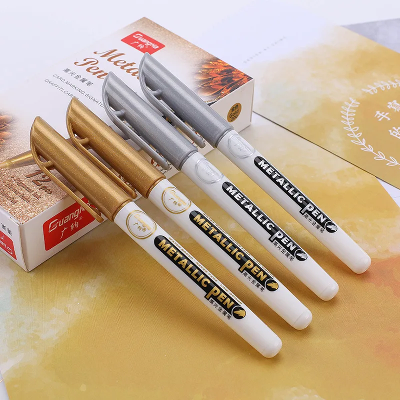 

2pcs/set Gold Silver Marker Pens Metallic Marker Highlighter Pens for Paper Photo CD Fabric Painting Drawing Art School Supplies