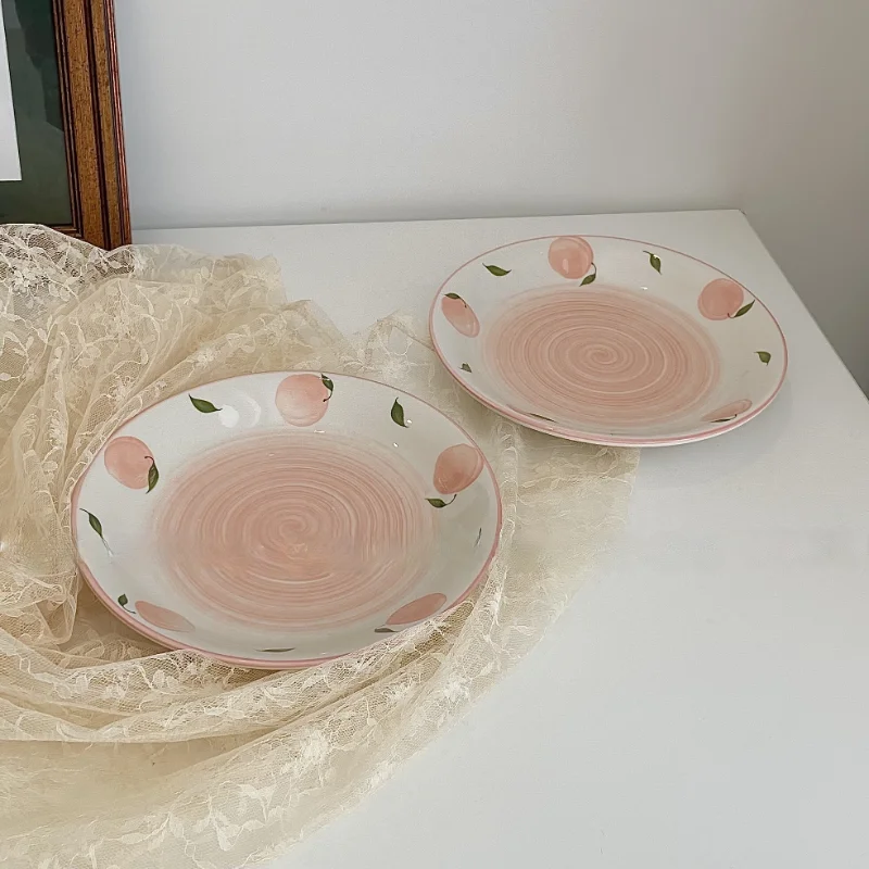 LadyCC Fresh Tableware Hand Painted Peach Ceramic Plate Home Decoration Flat Fruit for Food | Дом и сад