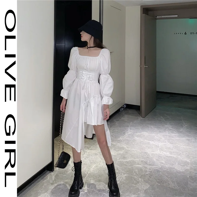 

Women Black Gothic Lolita Dress Victorian Vintage Girl Puff Sleeve Square Collar Bandage Irregular Dress Sexy Ruffles Punk Dress