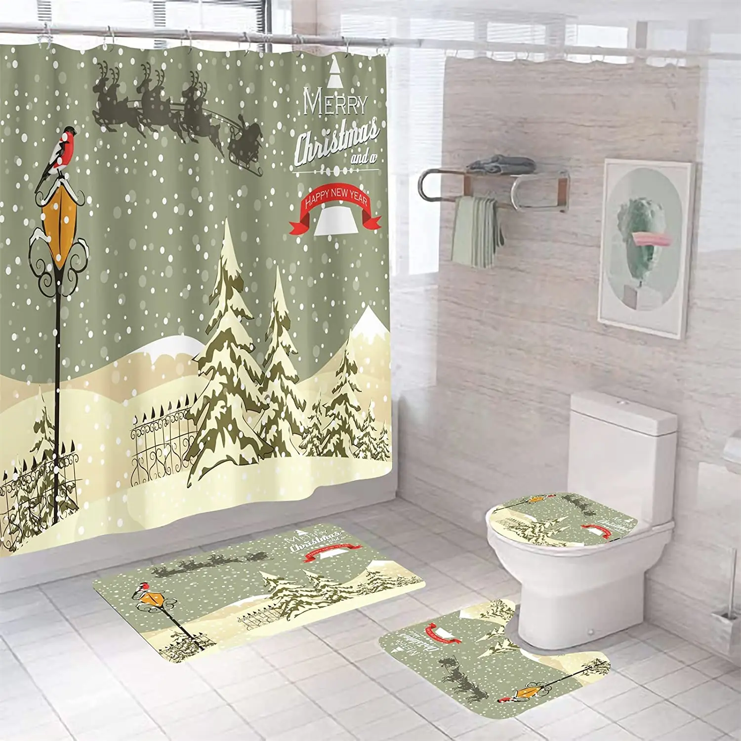

Cartoon Snow Scene Print Shower Curtain Set Carpet Cover Toilet Cover Bathroom Mat Cushion Cover Bathroom Curtain Household